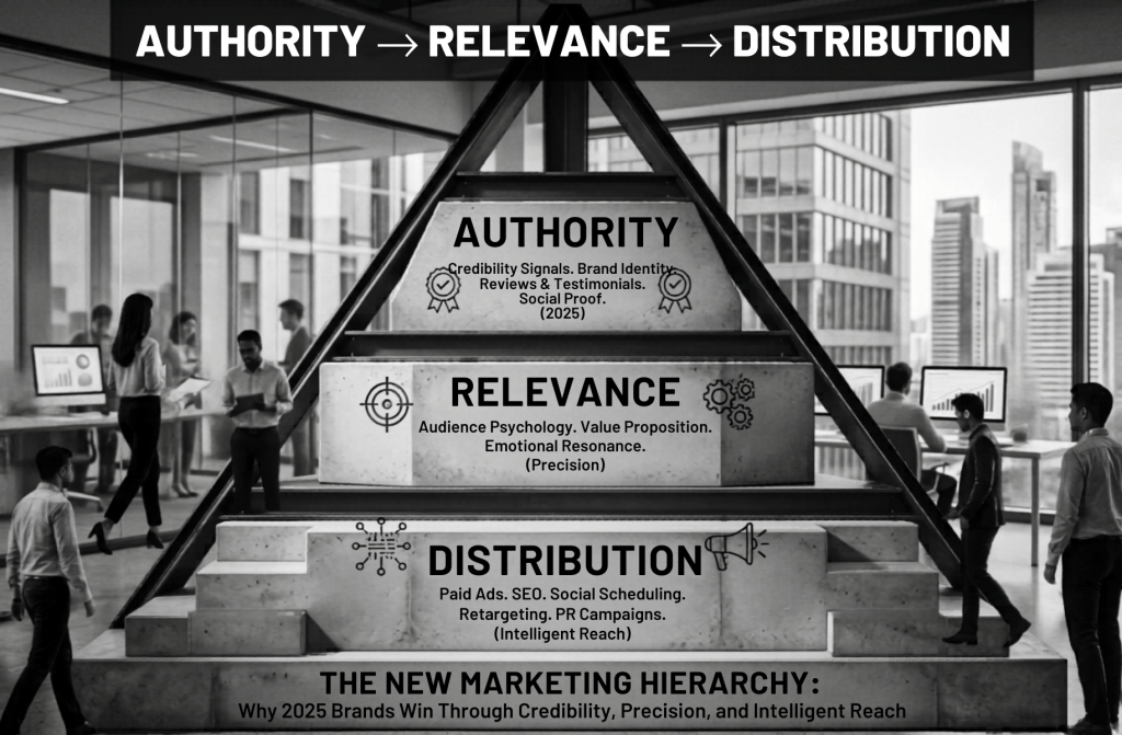 Pyramid diagram illustrating the new marketing hierarchy: Authority, Relevance, and Distribution