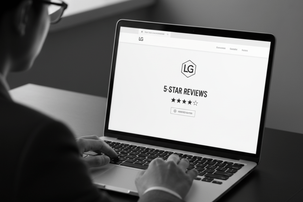 Professional website interface showing trust signals like testimonials and clean brand identity to build credibility