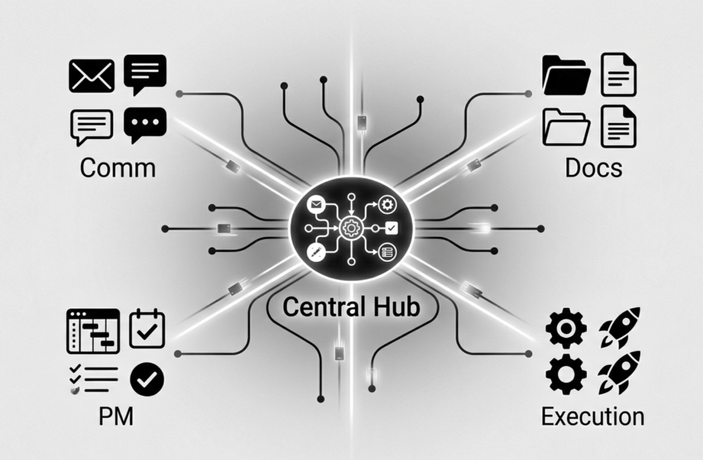 Diagram of a modern AI operating system for business showing integrated workflow and automated coordination