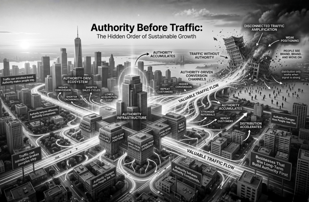 An architectural illustration of a building under construction where the glowing, solid foundation is labeled "Brand Identity" and "Authority," supporting upper floors labeled "Marketing," "Sales," and "Operations".