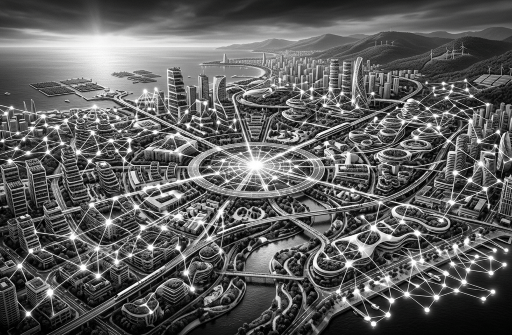 Interconnected marketing ecosystem diagram showing content, automation, and nurture layers working together