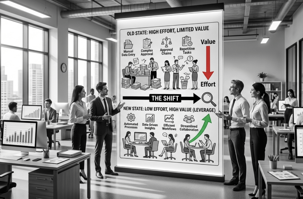 Diagram of the business task hierarchy showing how AI automates the maintenance base to free up strategic growth