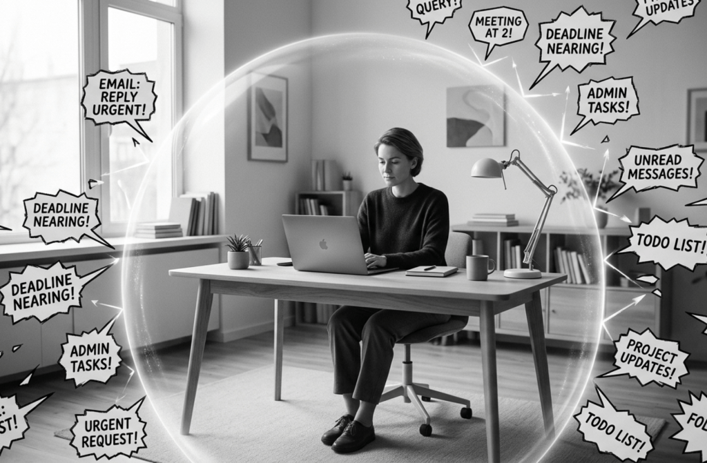 A founder working in their zone of genius while AI automation filters out distractions and administrative noise