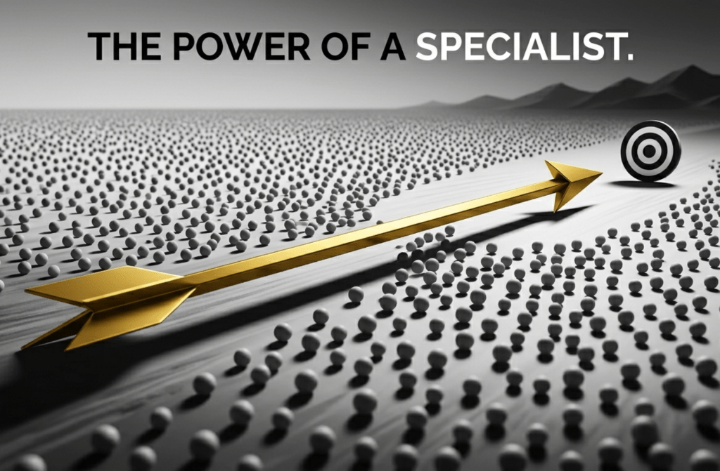 A visual metaphor showing how specialization allows a brand to cut through a crowded market of generalists