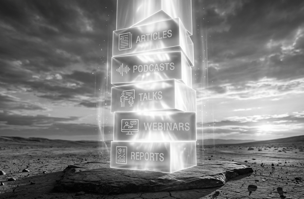 A conceptual diagram of an authority stack showing how different content formats build a scalable reputation