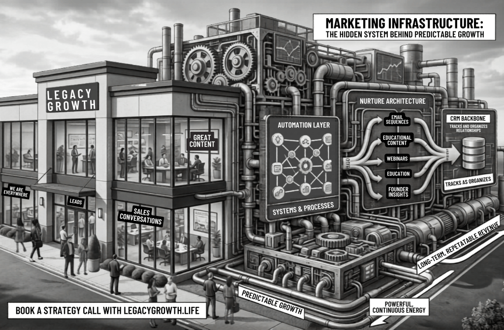 A side-by-side comparison diagram titled "From Funnels to Ecosystems." The "Linear Funnel" side represents disconnected "Campaign-Driven Marketing," while the "Connected Ecosystem" side highlights the "Nurture" and "Content" layers as the infrastructure that powers "Product" and "Community" growth.