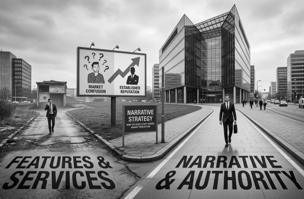 A conceptual image of a chess piece casting a large, authoritative shadow, illustrating how a strategic brand narrative amplifies market perception beyond just products or services.