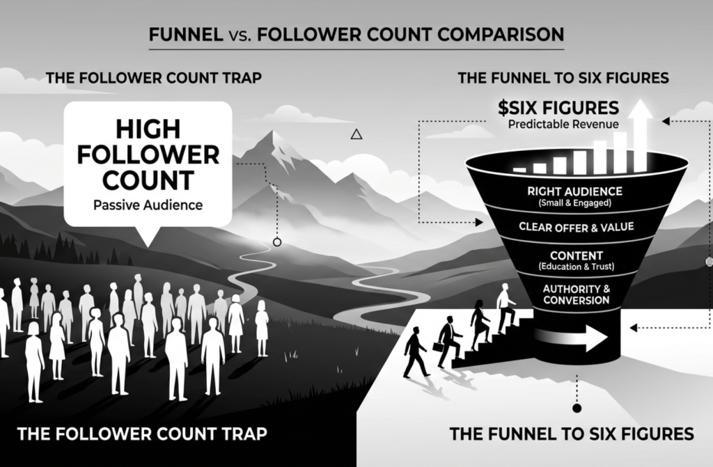 An infographic illustrating a small, high-converting funnel versus a massive, hollow follower count, emphasizing quality over quantity.