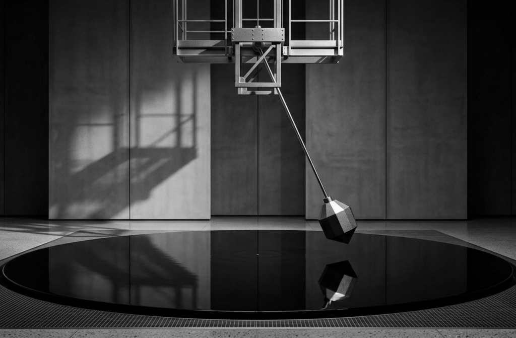 A high-contrast black and white photograph of a precise architectural pendulum swinging over a dark pool, representing systemic consistency replacing erratic founder output.