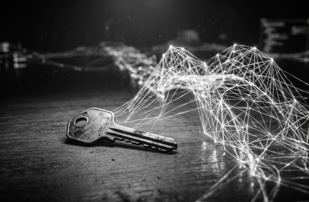 A high-contrast black and white photograph showing a discarded, dusty key on a desk beside a glowing network of interconnected digital threads, representing a transition from a stagnant asset to a functioning ecosystem.