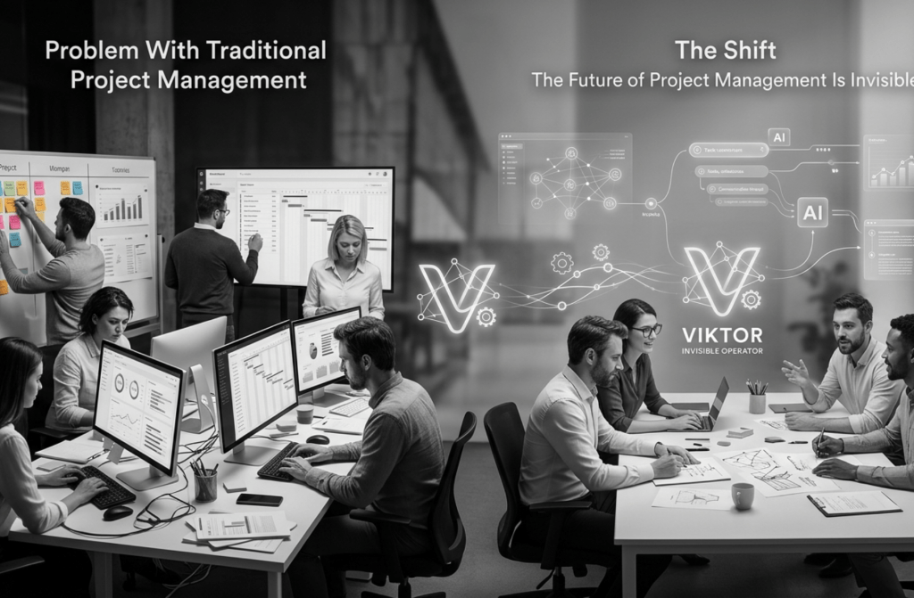 A visual metaphor for invisible project management where AI handles the administrative organization in the background