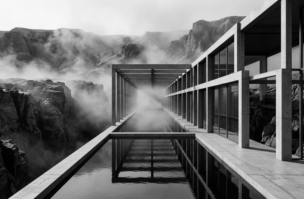 A minimalist black and white photograph of a structured concrete pavilion channelizing mist in a chaotic canyon, representing an organized lead magnet ecosystem.