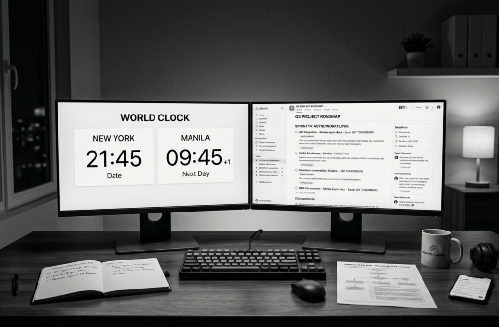 A professional remote workspace desk displaying dual time zone clocks and clean asynchronous project management workflows on a monitor.