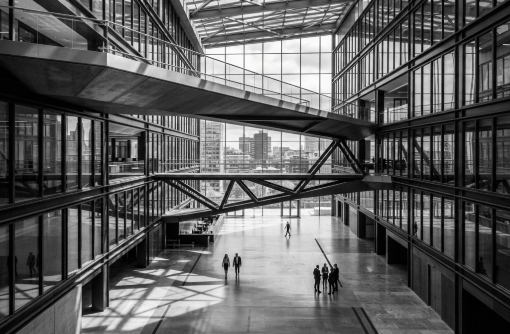 A minimalist black and white architectural photograph representing precision and clarity in financial metrics for wealth management firms.