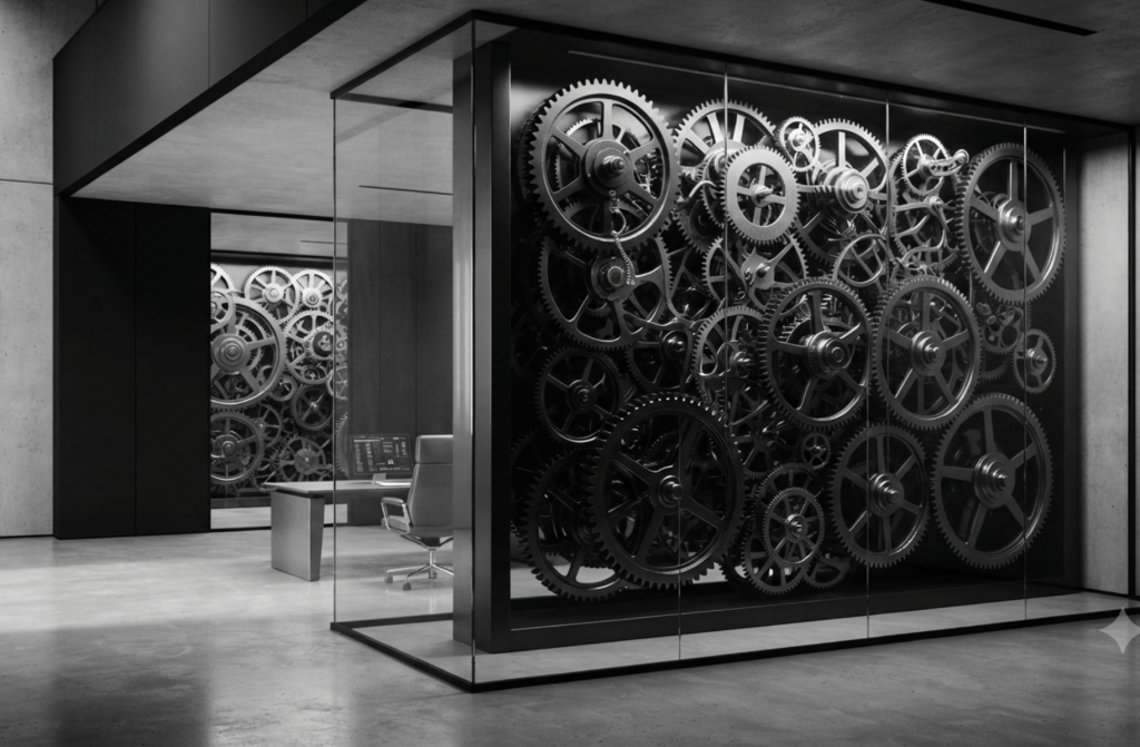 A minimalist black and white photograph of interlocking mechanical gears behind a glass wall, representing a structured, systematic marketing engine for financial advisors.