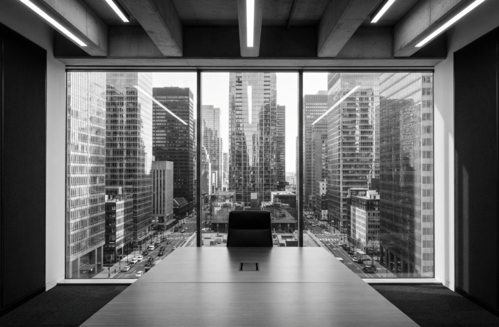 A minimalist black and white architectural photograph of a modern glass boardroom overlooking a financial district grid, representing targeted, high-intent wealth management growth.