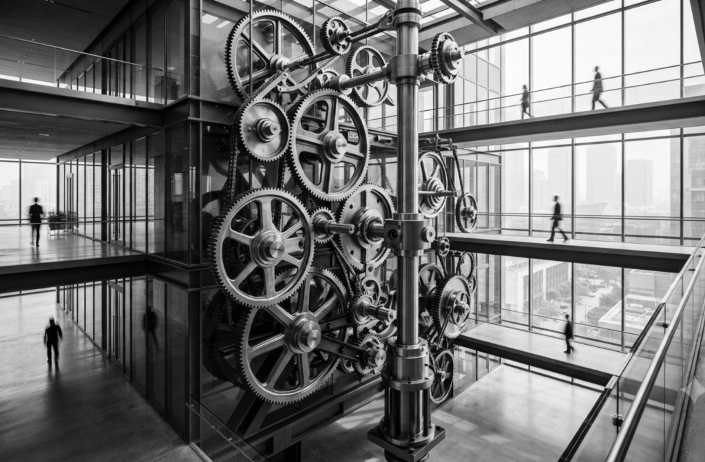 A minimalist black and white photograph of an industrial gear system integrated into a glass office, representing a predictable, engineered marketing system.