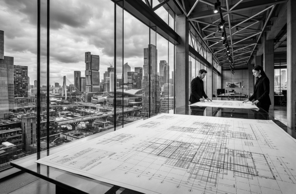 A minimalist black and white architectural photograph of a structural blueprint on a glass table, representing a transparent and structured 90-day onboarding roadmap.