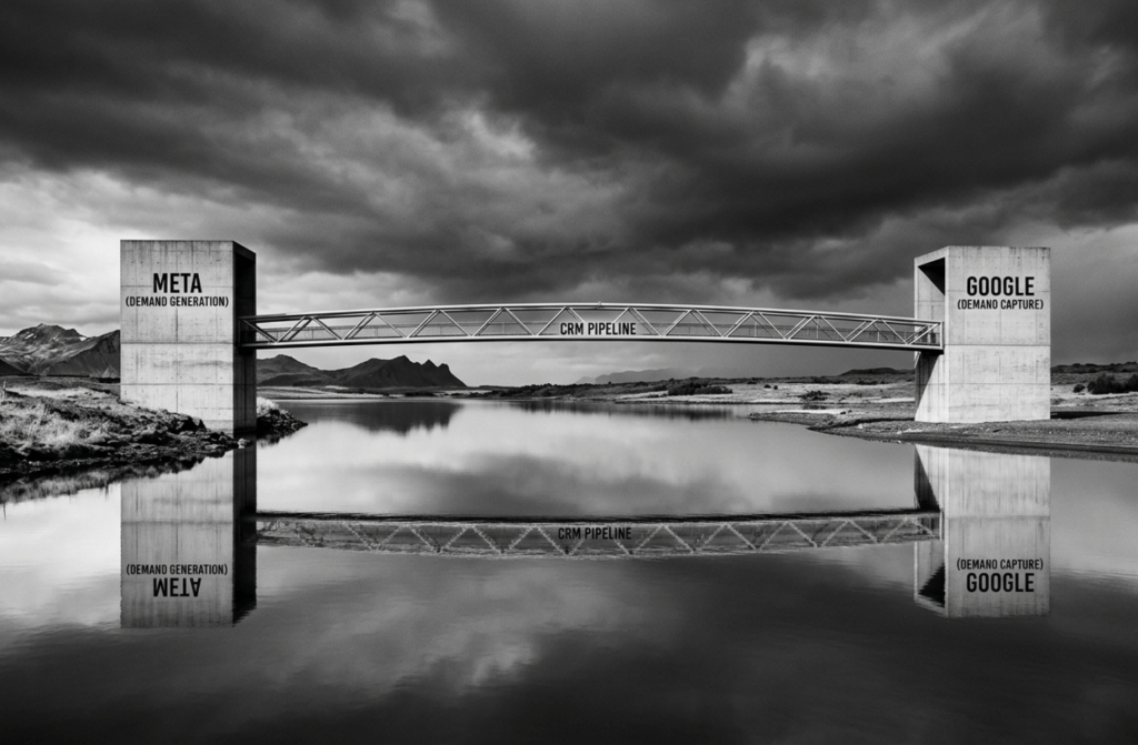 A high-contrast black and white architectural photograph of a sleek bridge connecting two structural pillars, symbolizing how Facebook and Instagram ads generate unexpressed demand that flows directly into a compliant CRM pipeline.