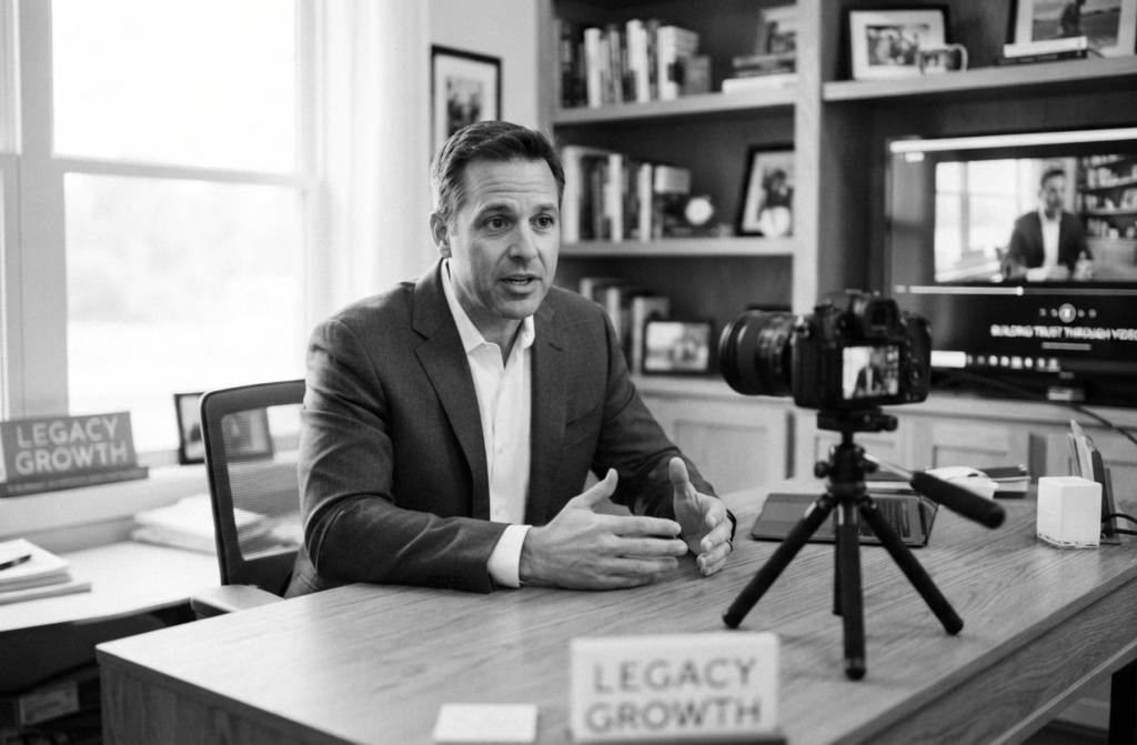 A minimalist black and white architectural photograph representing a modern, clean video production environment for wealth management professionals.